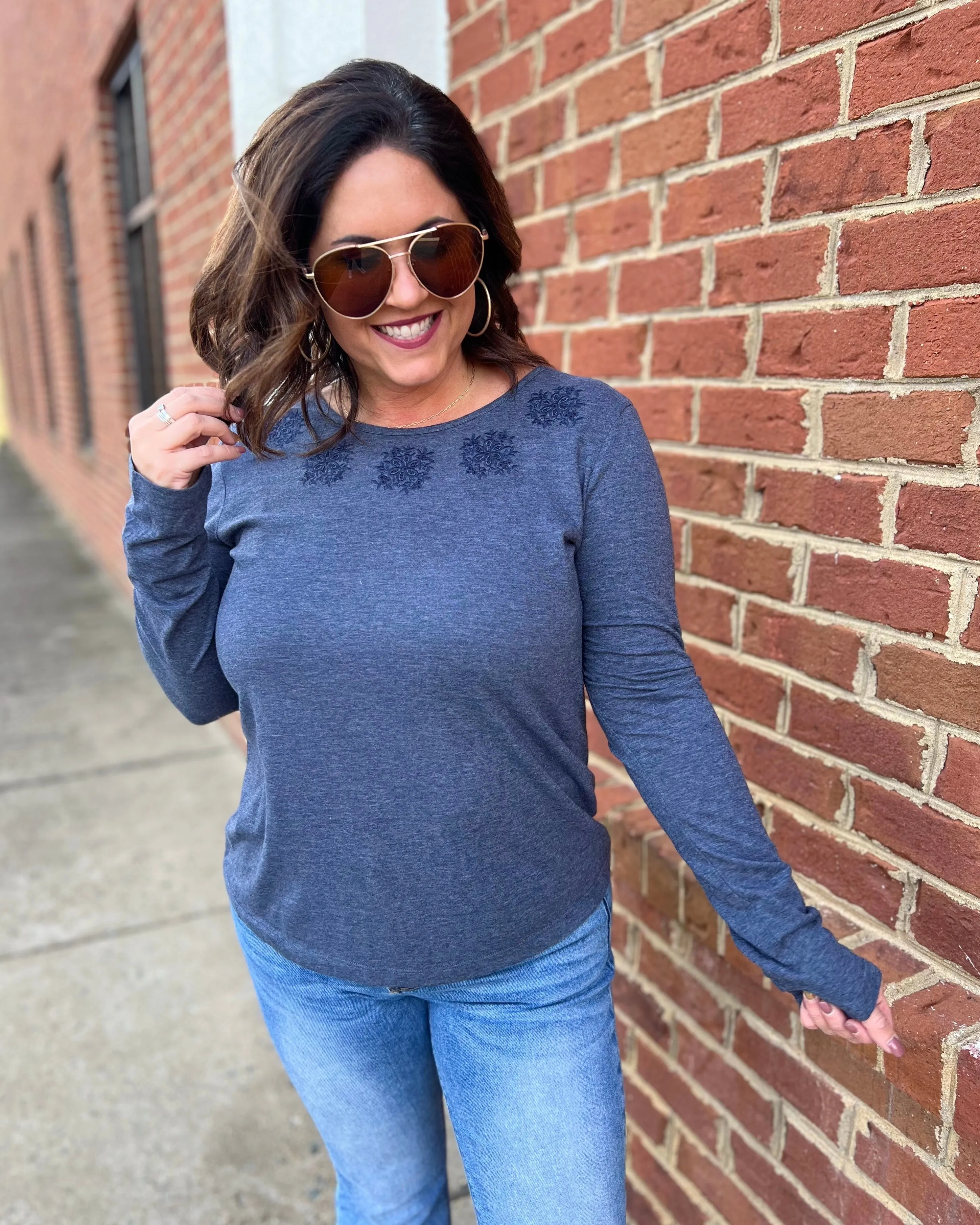 Faye Embroidered Blouse in Navy FINAL SALE