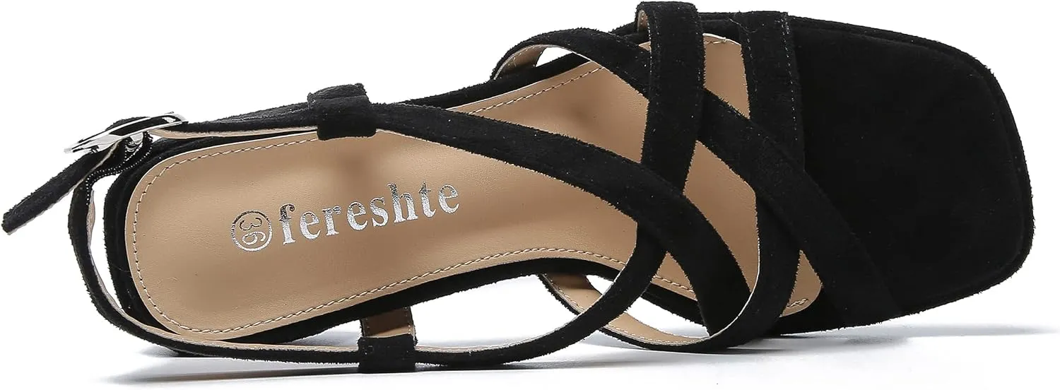 fereshte Women's Slingback Heeled Sandals Corss Straps Open Toe Strappy Low Block Heel Sandals