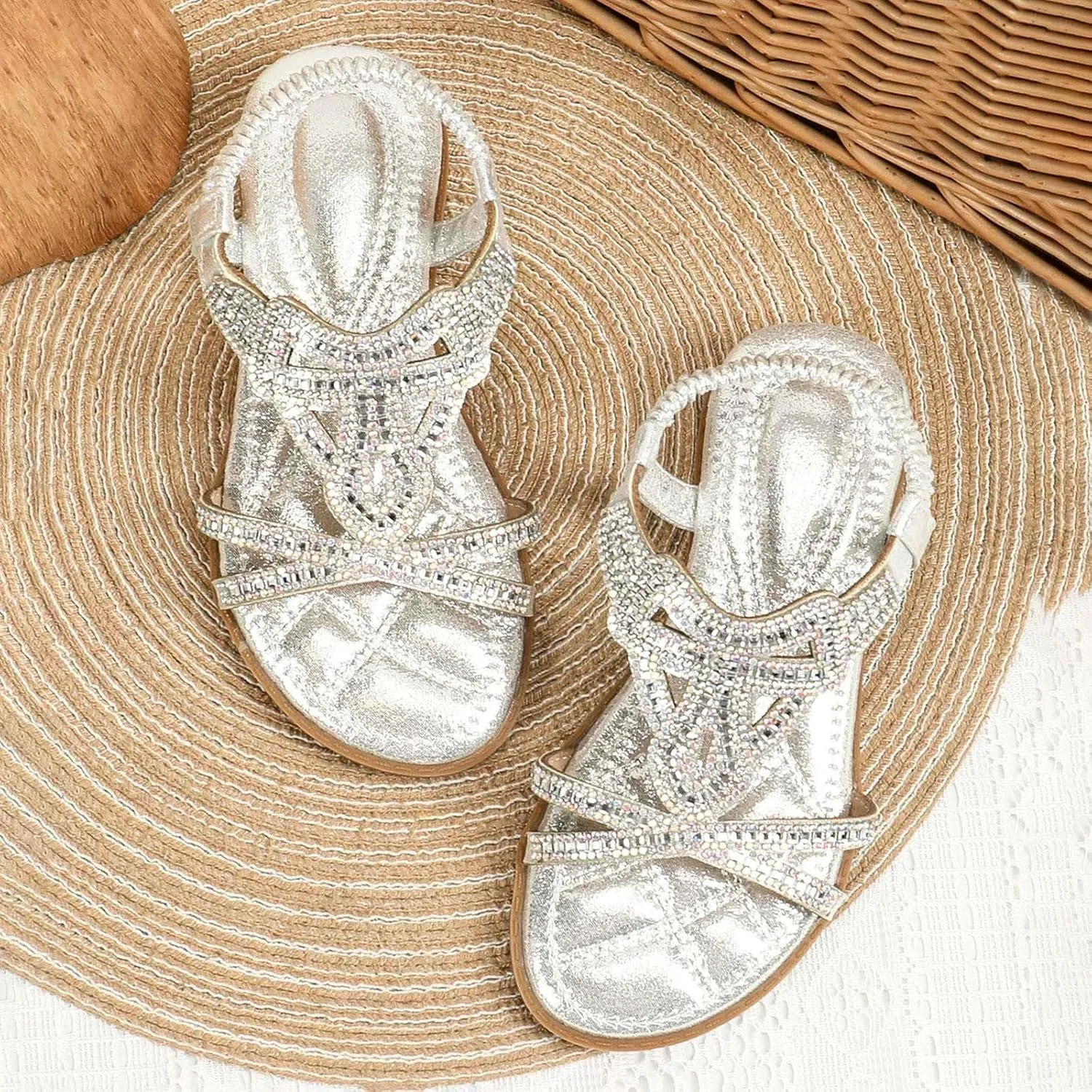 Girl Princess Sandals Rhinestone Slingback Sandals Elastic Ankle Strap Casual Bohemian Beach Shoes Summer Girls 0
