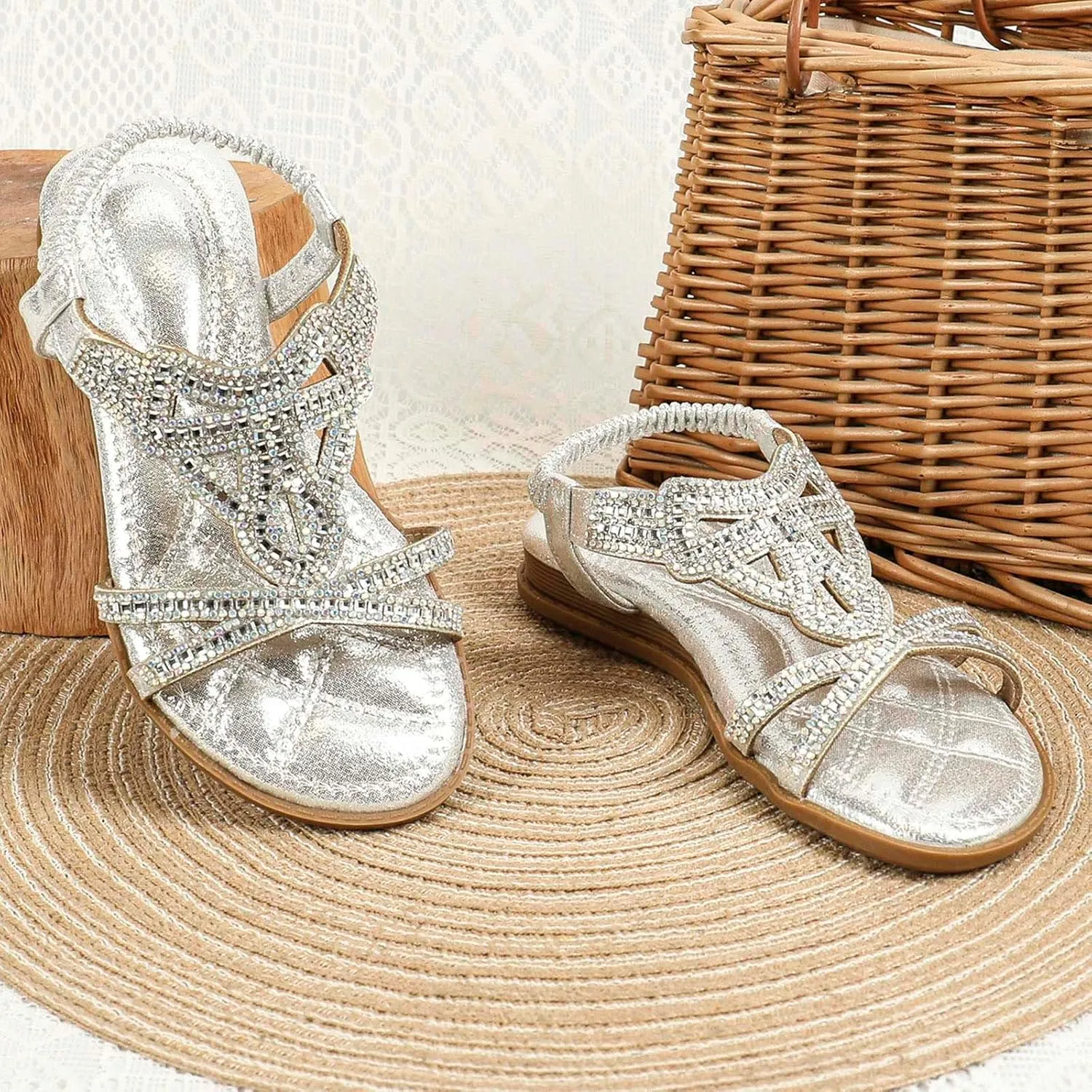 Girl Princess Sandals Rhinestone Slingback Sandals Elastic Ankle Strap Casual Bohemian Beach Shoes Summer Girls 0
