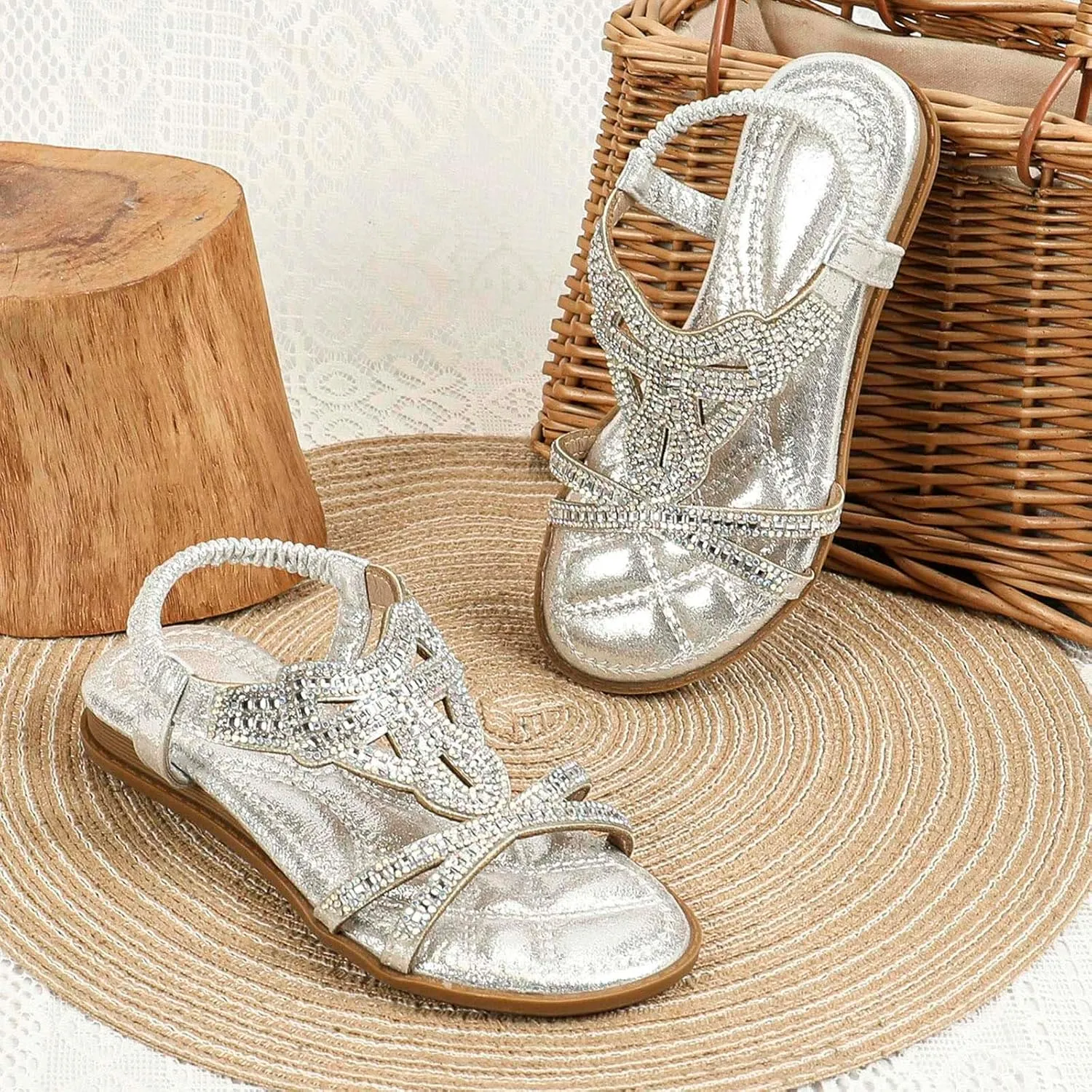 Girl Princess Sandals Rhinestone Slingback Sandals Elastic Ankle Strap Casual Bohemian Beach Shoes Summer Girls 0