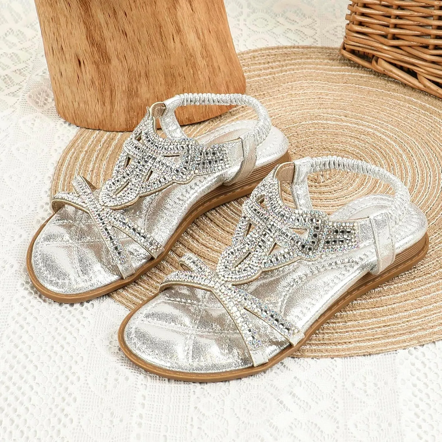 Girl Princess Sandals Rhinestone Slingback Sandals Elastic Ankle Strap Casual Bohemian Beach Shoes Summer Girls 0