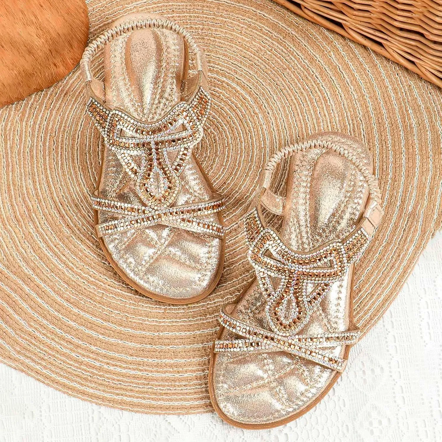 Girl Princess Sandals Rhinestone Slingback Sandals Elastic Ankle Strap Casual Bohemian Beach Shoes Summer Girls 0