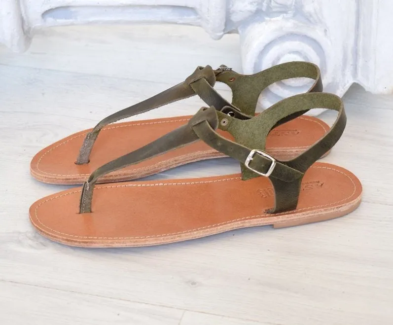Handmade sandals, khaki sandals, Green High Quality Genuine Leather. All leather T-bar sandals handmade unisex sandals SKOPELOS
