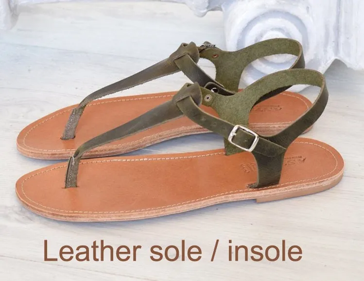 Handmade sandals, khaki sandals, Green High Quality Genuine Leather. All leather T-bar sandals handmade unisex sandals SKOPELOS