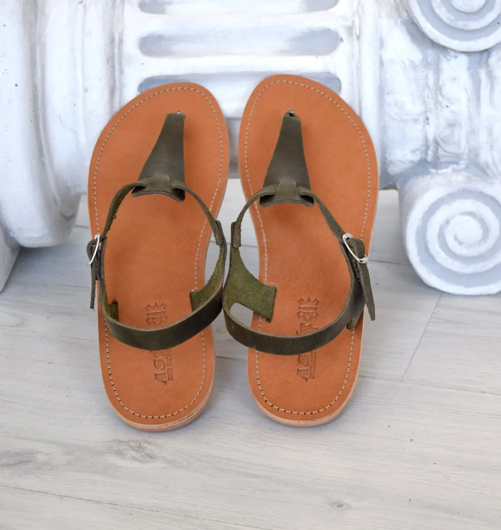 Handmade sandals, khaki sandals, Green High Quality Genuine Leather. All leather T-bar sandals handmade unisex sandals SKOPELOS