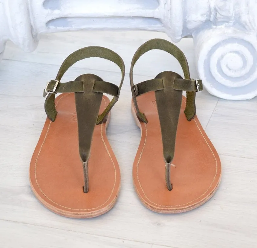 Handmade sandals, khaki sandals, Green High Quality Genuine Leather. All leather T-bar sandals handmade unisex sandals SKOPELOS
