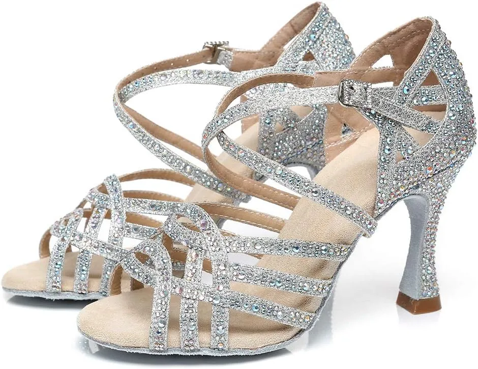 HROYL Women Rhinestone Ballroom Dance Shoes Latin Salsa Practice Performance Dance Shoes YCL357