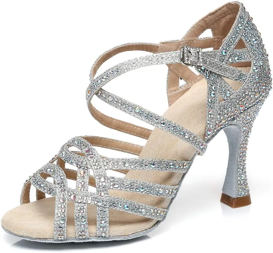 HROYL Women Rhinestone Ballroom Dance Shoes Latin Salsa Practice Performance Dance Shoes YCL357