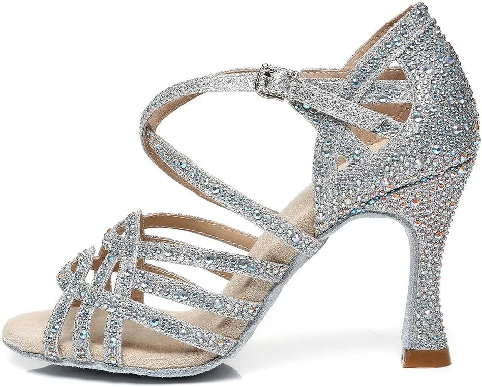 HROYL Women Rhinestone Ballroom Dance Shoes Latin Salsa Practice Performance Dance Shoes YCL357
