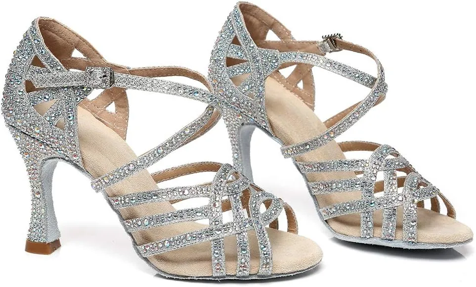 HROYL Women Rhinestone Ballroom Dance Shoes Latin Salsa Practice Performance Dance Shoes YCL357