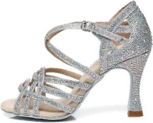 HROYL Women Rhinestone Ballroom Dance Shoes Latin Salsa Practice Performance Dance Shoes YCL357
