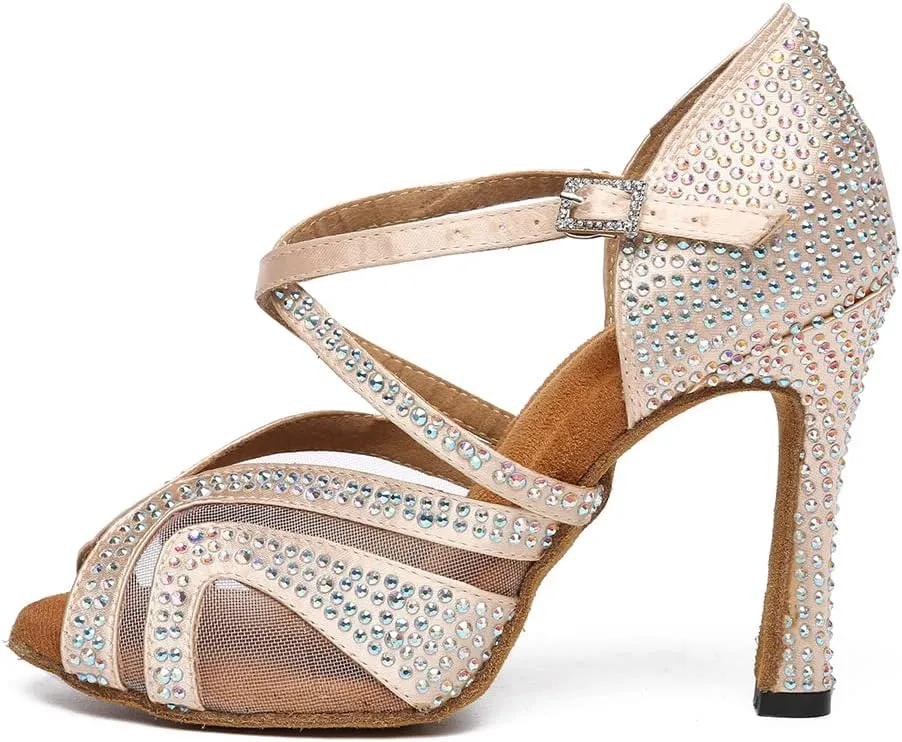 HROYL Women Rhinestone Ballroom Dance Shoes Latin Salsa Practice Performance Dance Shoes YCL490