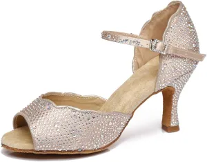 JUODVMP Women Rhinestone Ballroom Dance Shoes Latin Salsa Performance Dance Shoes