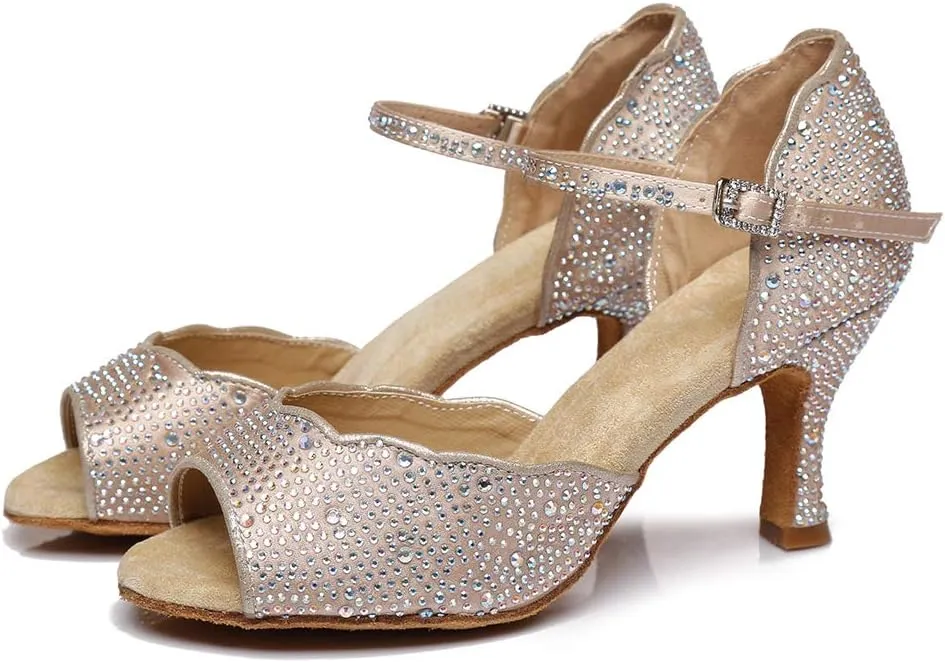 JUODVMP Women Rhinestone Ballroom Dance Shoes Latin Salsa Performance Dance Shoes