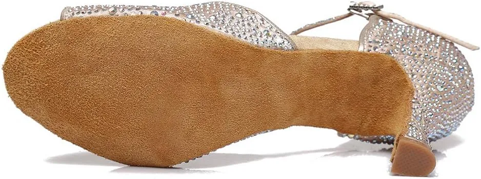 JUODVMP Women Rhinestone Ballroom Dance Shoes Latin Salsa Performance Dance Shoes