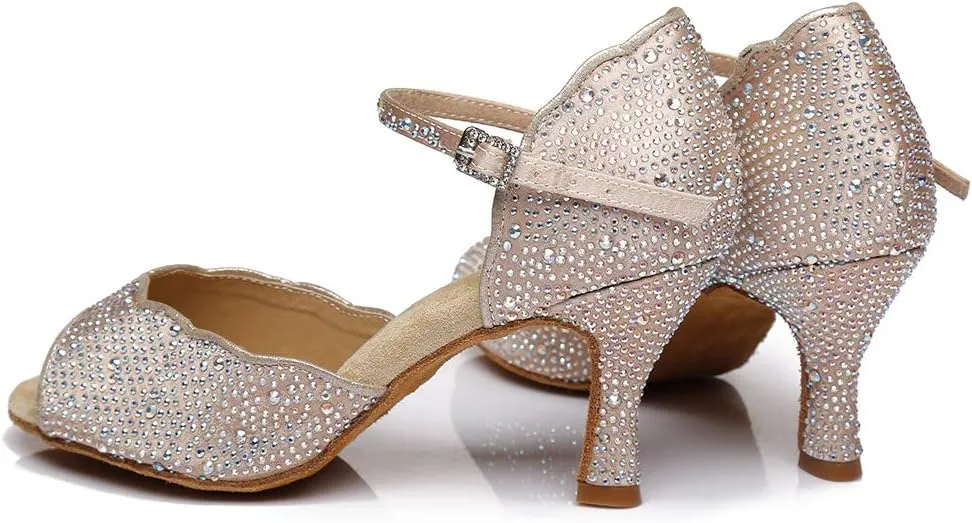 JUODVMP Women Rhinestone Ballroom Dance Shoes Latin Salsa Performance Dance Shoes