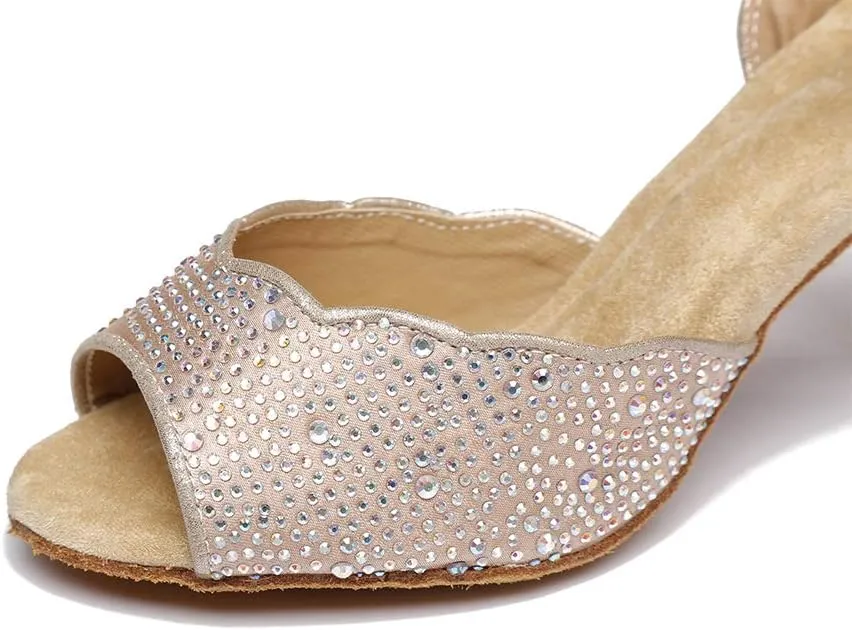 JUODVMP Women Rhinestone Ballroom Dance Shoes Latin Salsa Performance Dance Shoes