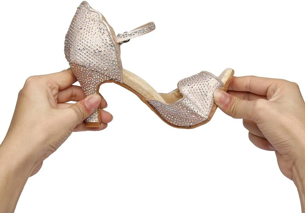 JUODVMP Women Rhinestone Ballroom Dance Shoes Latin Salsa Performance Dance Shoes