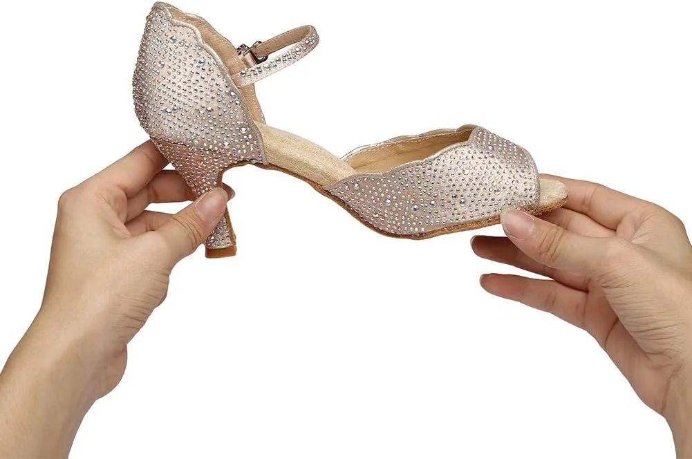 JUODVMP Women Rhinestone Ballroom Dance Shoes Latin Salsa Performance Dance Shoes