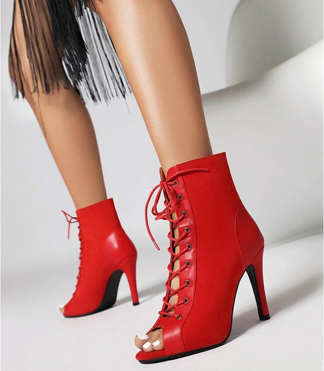 JXUZY Jazz Ballroom Dress Stiletto Heels for Women Peep Toe Lace-up Ankle Dance Boots