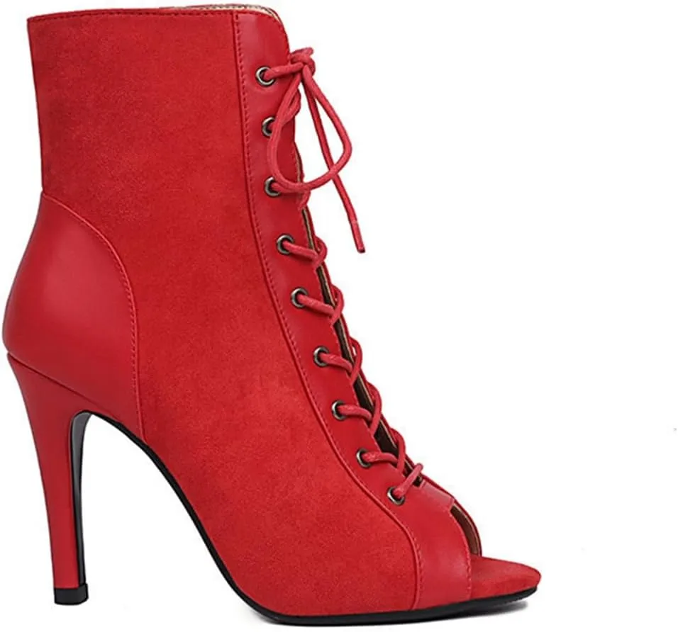 JXUZY Jazz Ballroom Dress Stiletto Heels for Women Peep Toe Lace-up Ankle Dance Boots