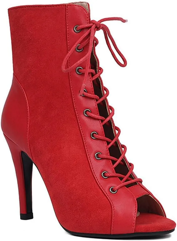 JXUZY Jazz Ballroom Dress Stiletto Heels for Women Peep Toe Lace-up Ankle Dance Boots