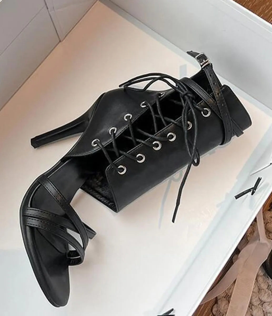 JXUZY Jazz Dance High Heels Ankle Boots Cross Strap Buckle Lace-up Gladiator Sandals