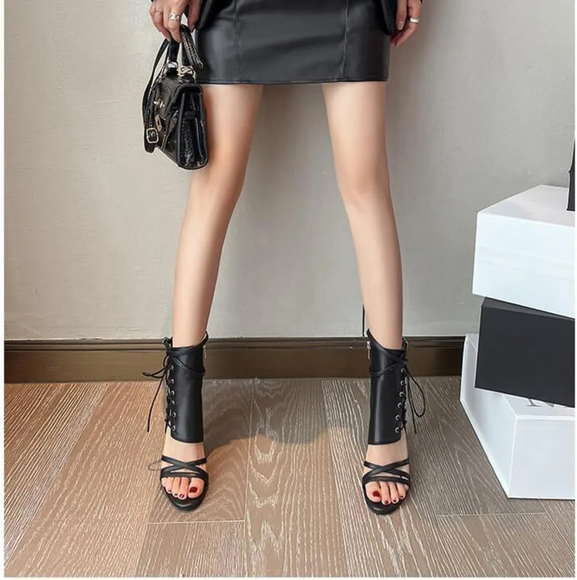 JXUZY Jazz Dance High Heels Ankle Boots Cross Strap Buckle Lace-up Gladiator Sandals