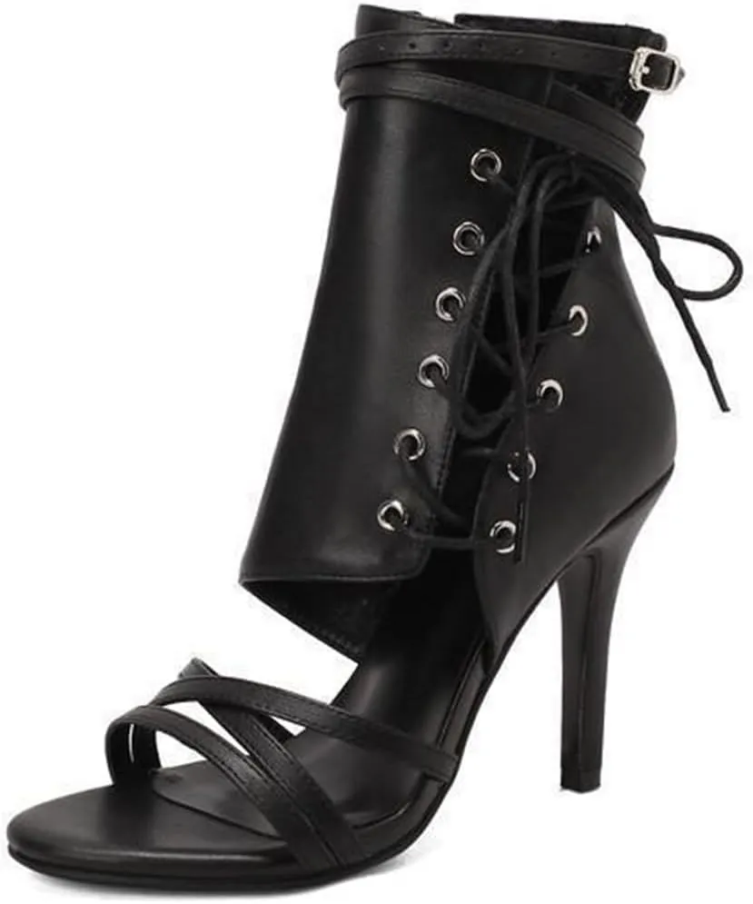 JXUZY Jazz Dance High Heels Ankle Boots Cross Strap Buckle Lace-up Gladiator Sandals