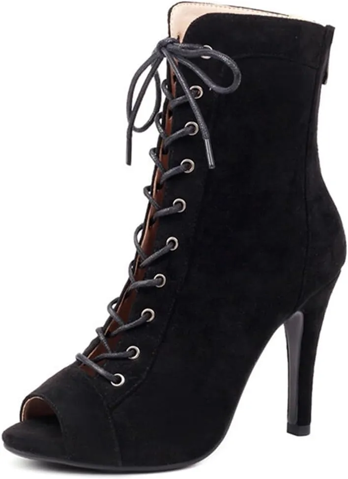 JXUZY Womens Jazz Ballroom Dance High Heels Sandals Peep Toe Lace-up Stiletto Heels Ankle Boots