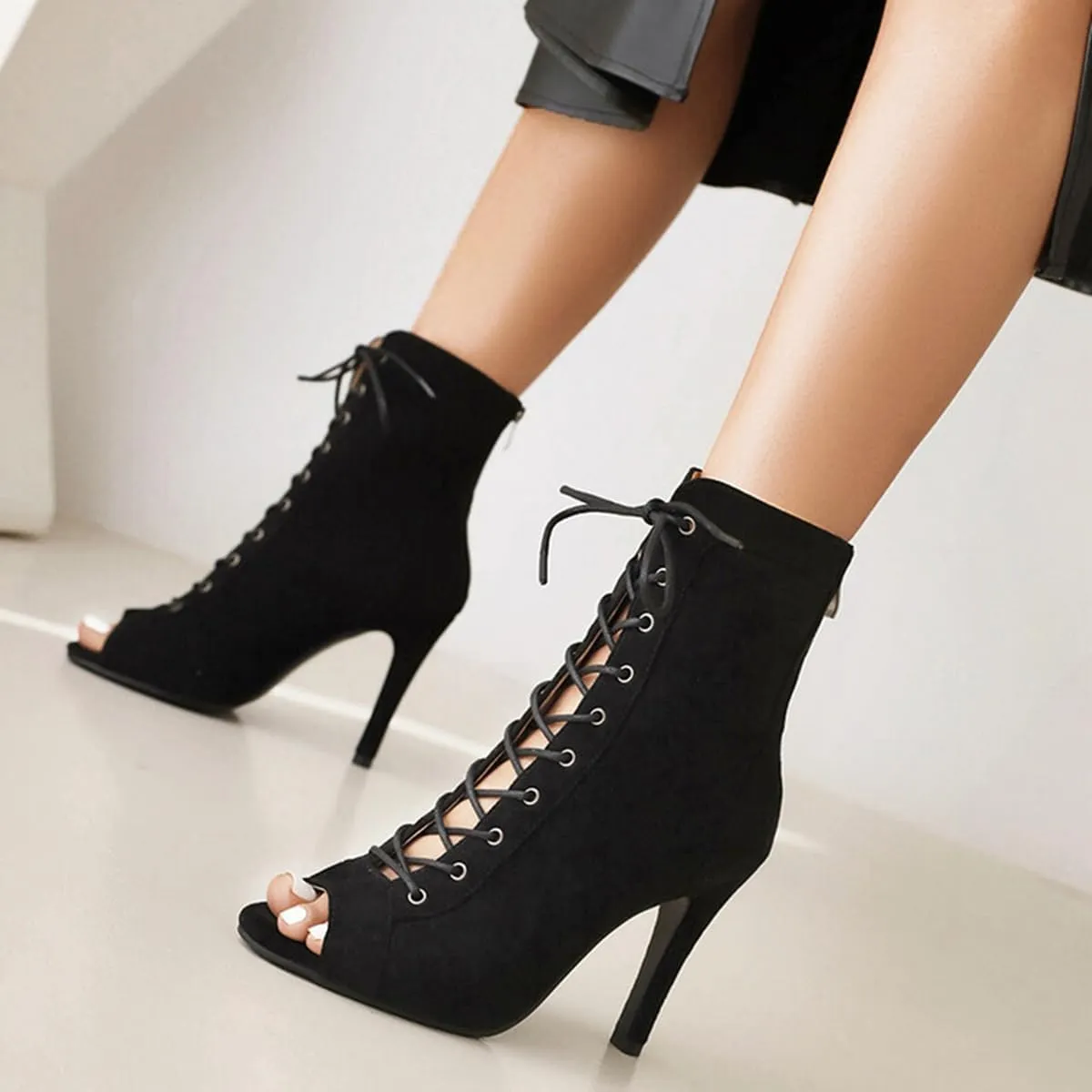JXUZY Womens Jazz Ballroom Dance High Heels Sandals Peep Toe Lace-up Stiletto Heels Ankle Boots