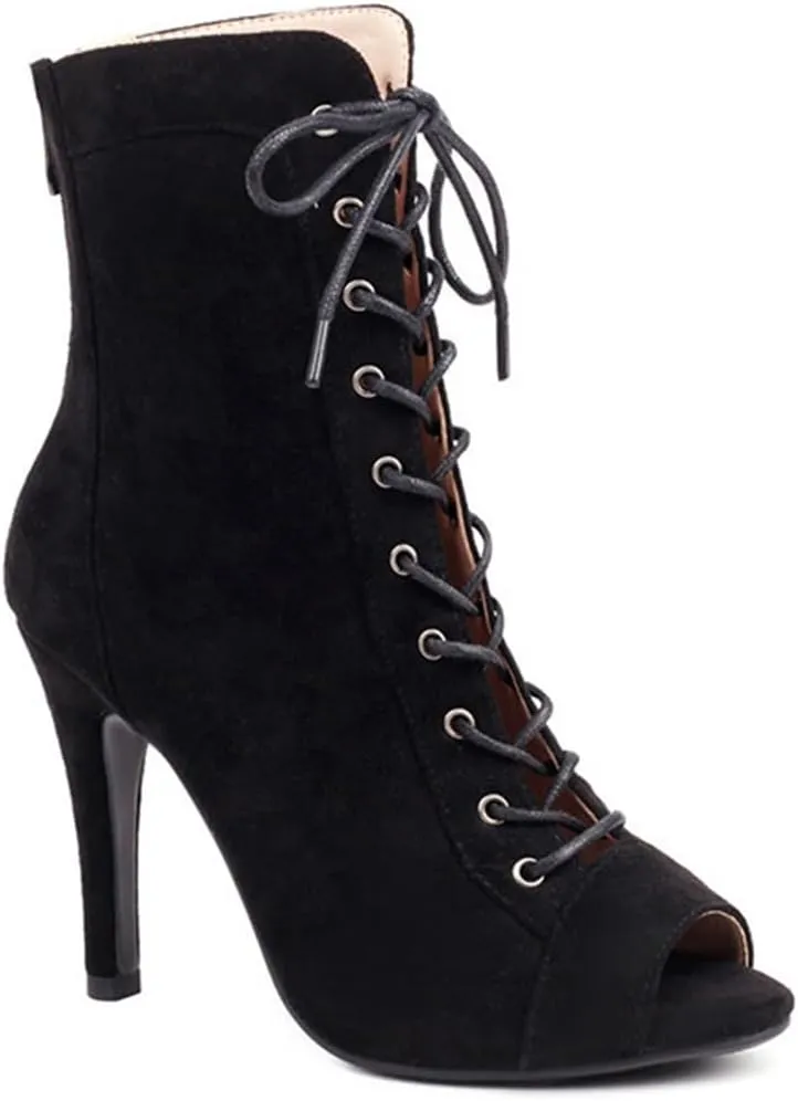 JXUZY Womens Jazz Ballroom Dance High Heels Sandals Peep Toe Lace-up Stiletto Heels Ankle Boots