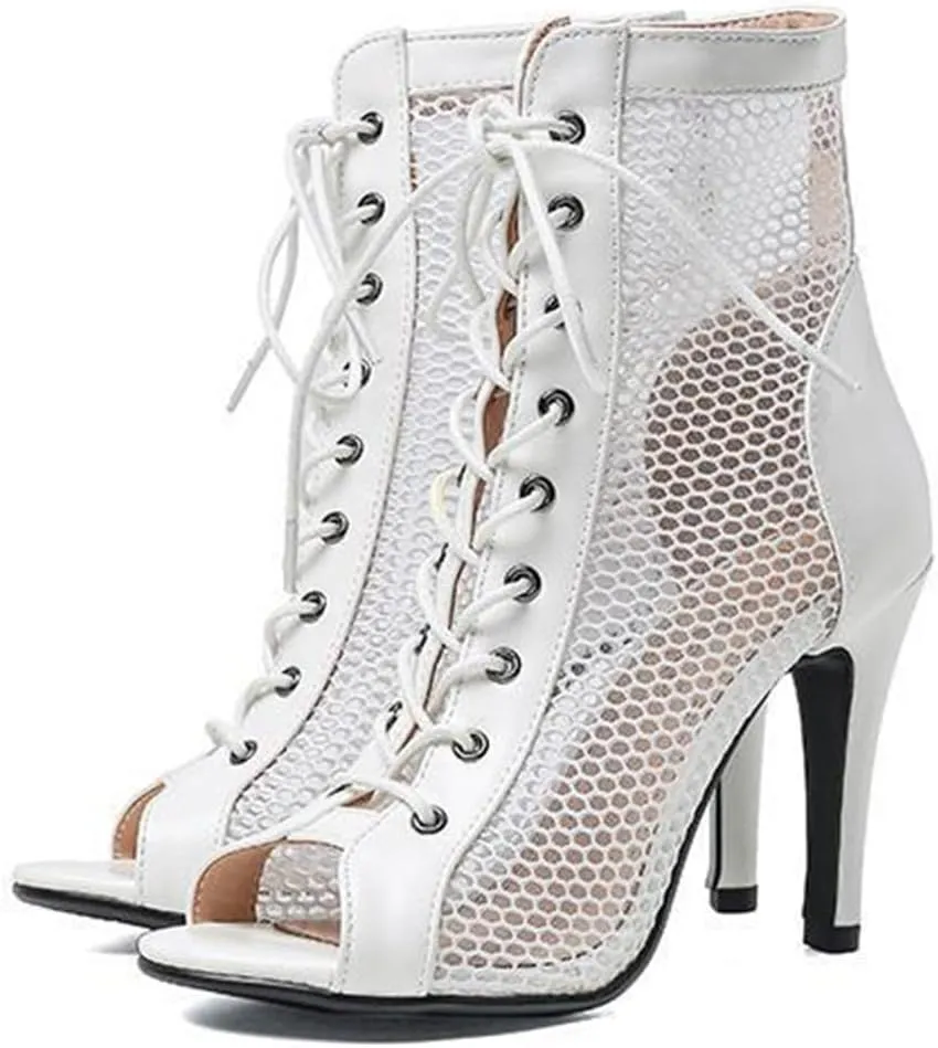 JXUZY Women's Lace-up Mesh Sandals Jazz Dance High Heels Peep Toe Ankle Boots