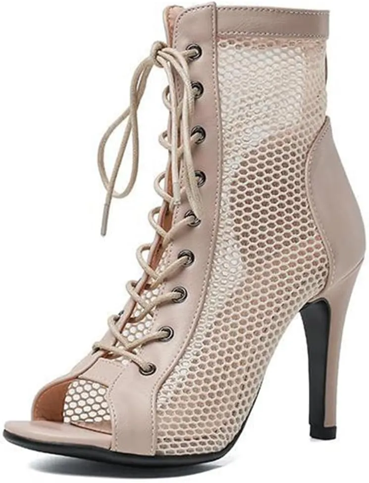 JXUZY Women's Lace-up Mesh Sandals Jazz Dance High Heels Peep Toe Ankle Boots