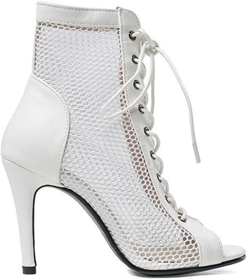 JXUZY Women's Lace-up Mesh Sandals Jazz Dance High Heels Peep Toe Ankle Boots