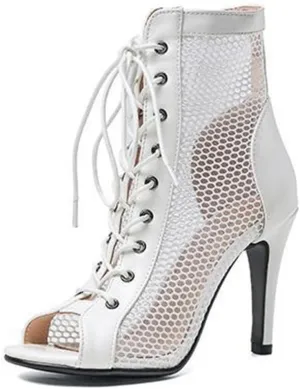 JXUZY Women's Lace-up Mesh Sandals Jazz Dance High Heels Peep Toe Ankle Boots