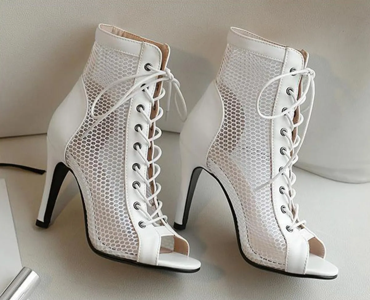 JXUZY Women's Lace-up Mesh Sandals Jazz Dance High Heels Peep Toe Ankle Boots