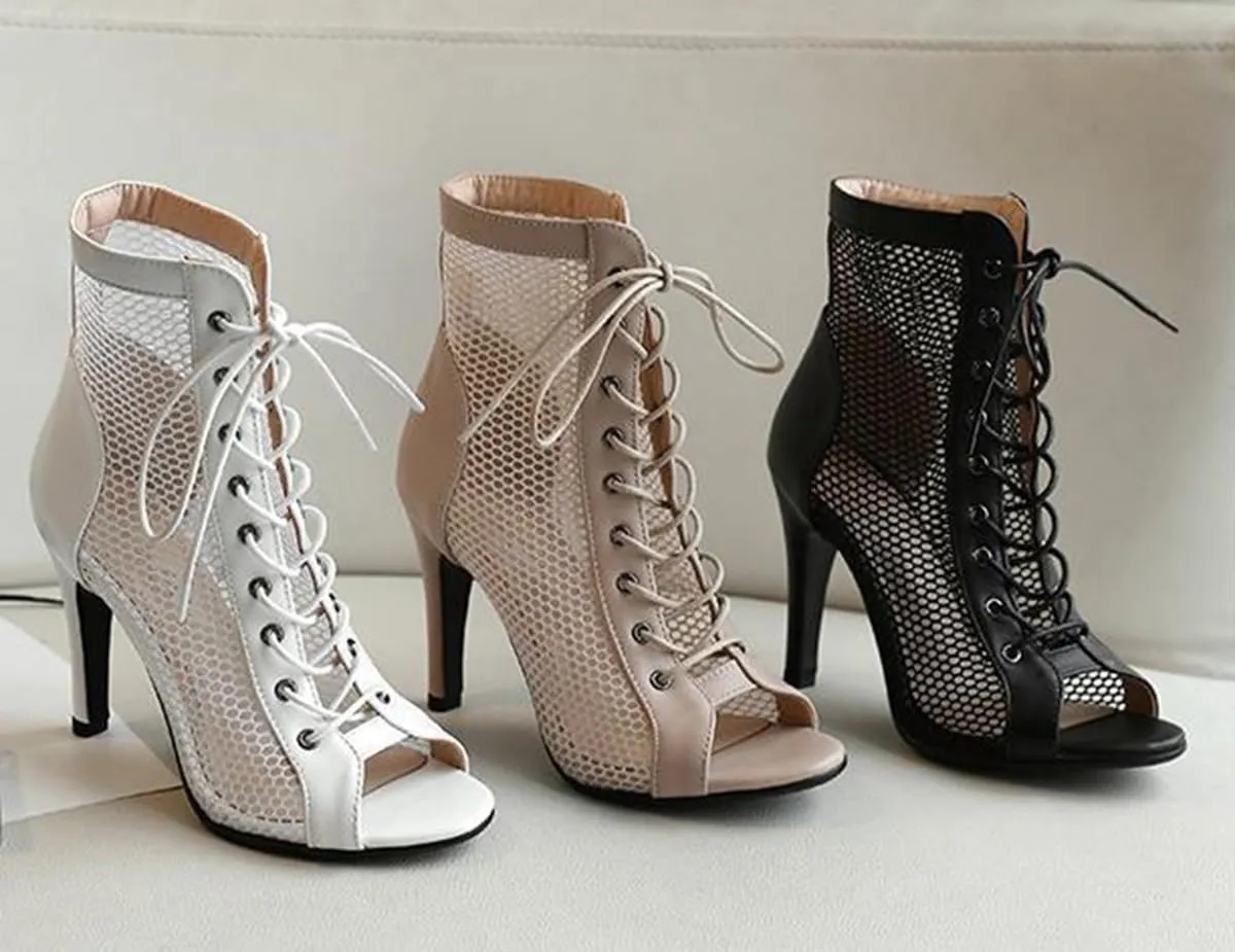 JXUZY Women's Lace-up Mesh Sandals Jazz Dance High Heels Peep Toe Ankle Boots