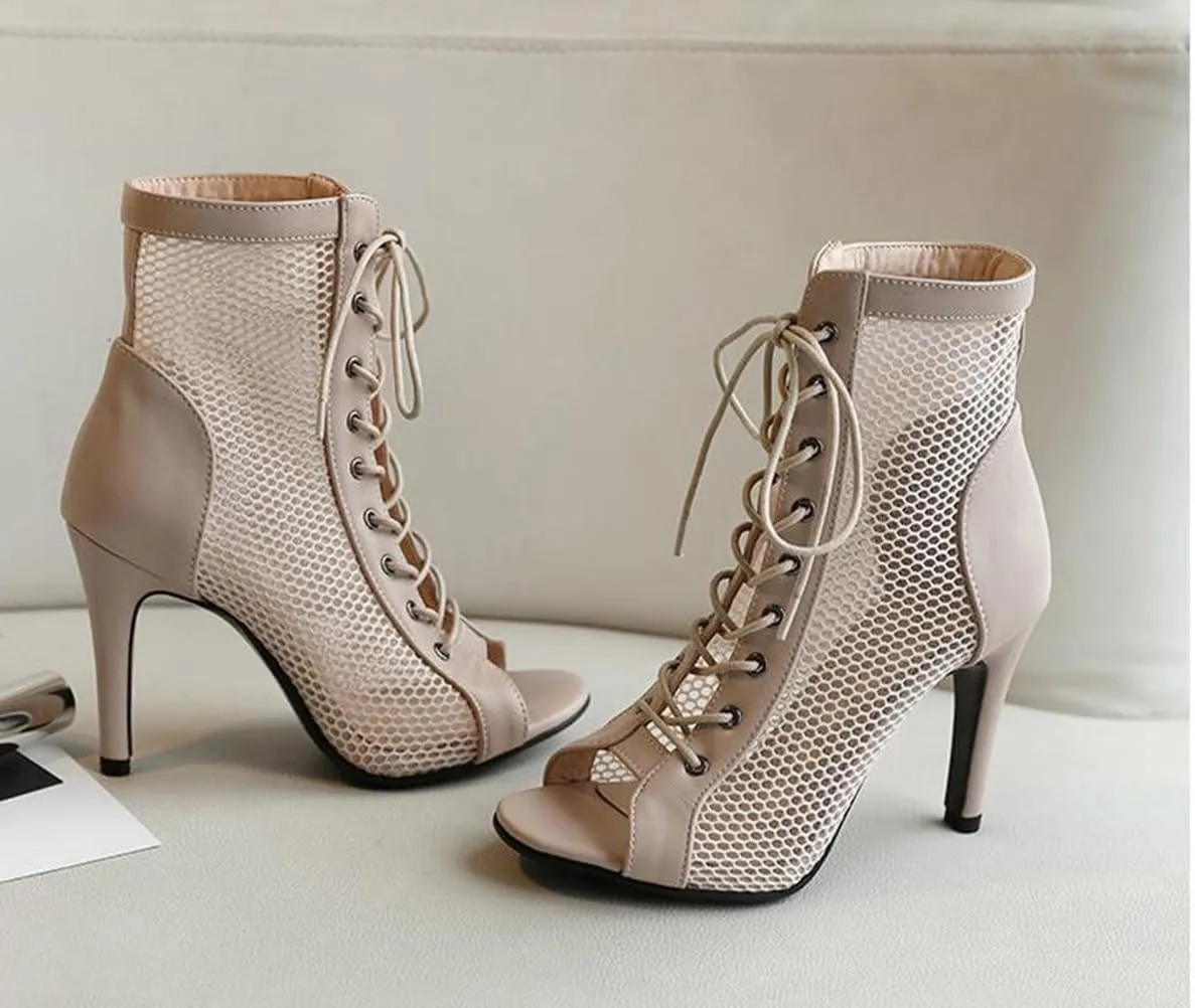 JXUZY Women's Lace-up Mesh Sandals Jazz Dance High Heels Peep Toe Ankle Boots