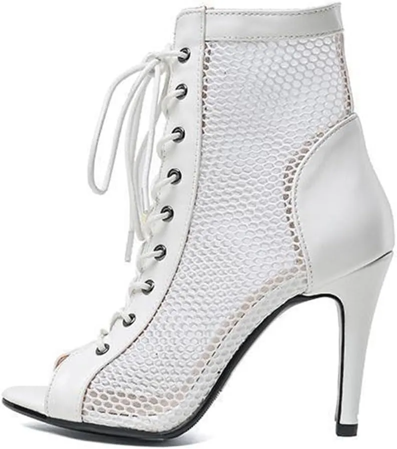 JXUZY Women's Lace-up Mesh Sandals Jazz Dance High Heels Peep Toe Ankle Boots