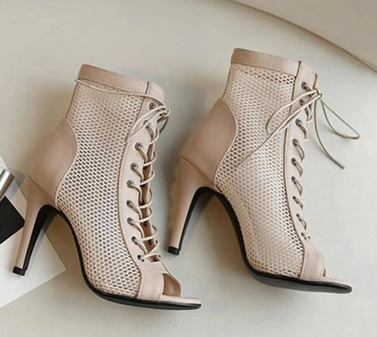 JXUZY Women's Lace-up Mesh Sandals Jazz Dance High Heels Peep Toe Ankle Boots