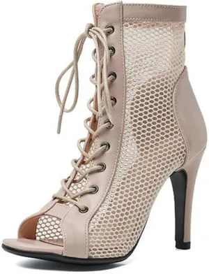 JXUZY Women's Lace-up Mesh Sandals Jazz Dance High Heels Peep Toe Ankle Boots