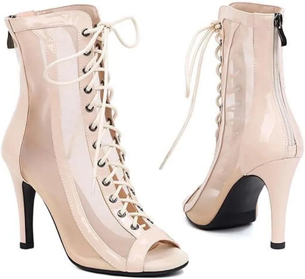 JXUZY Women's Sexy Mesh Jazz Modern Dance Shoes Lace-up Stiletto Heel Summer Ankle Booties