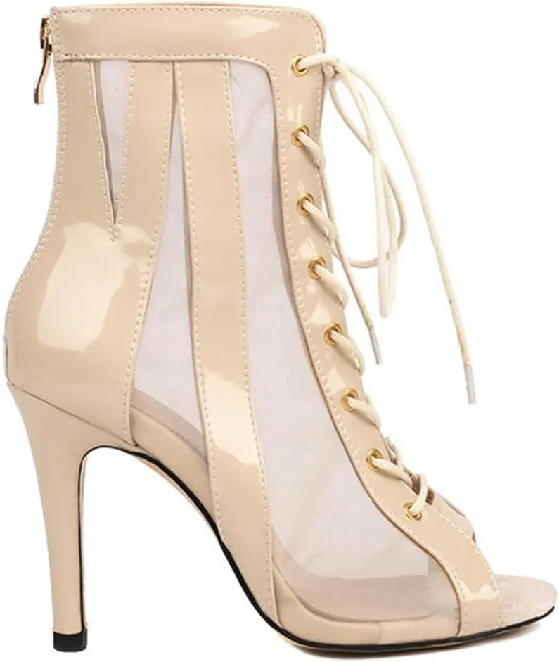 JXUZY Women's Sexy Mesh Jazz Modern Dance Shoes Lace-up Stiletto Heel Summer Ankle Booties