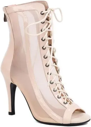 JXUZY Women's Sexy Mesh Jazz Modern Dance Shoes Lace-up Stiletto Heel Summer Ankle Booties