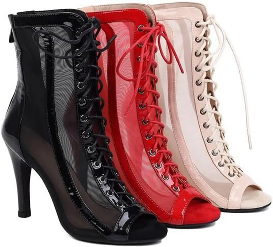 JXUZY Women's Sexy Mesh Jazz Modern Dance Shoes Lace-up Stiletto Heel Summer Ankle Booties
