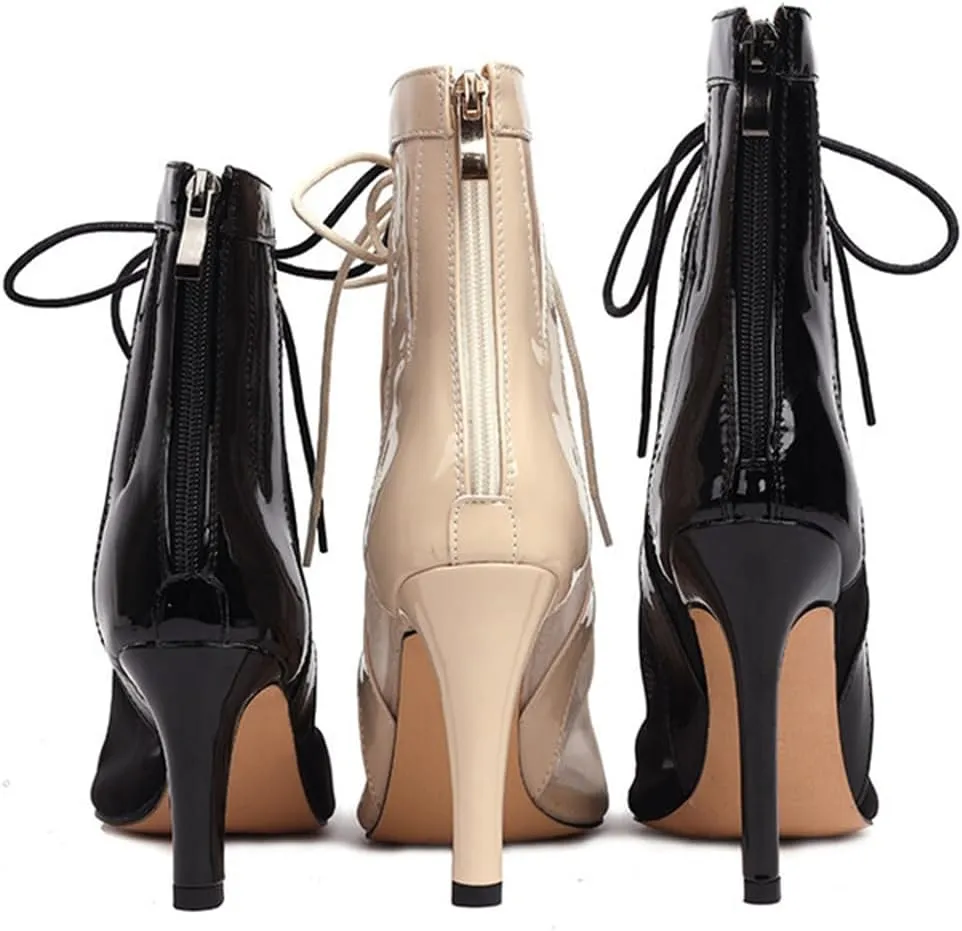 JXUZY Women's Sexy Mesh Jazz Modern Dance Shoes Lace-up Stiletto Heel Summer Ankle Booties