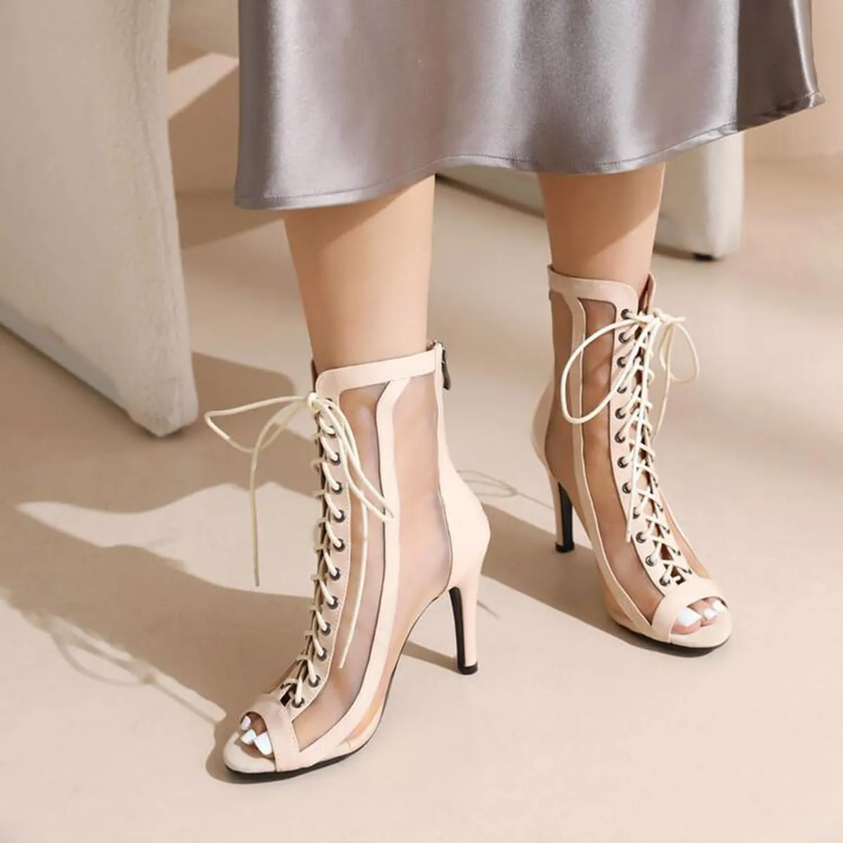 JXUZY Women's Sexy Mesh Jazz Modern Dance Shoes Lace-up Stiletto Heel Summer Ankle Booties
