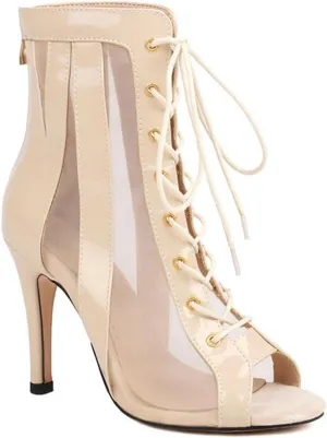 JXUZY Women's Sexy Mesh Jazz Modern Dance Shoes Lace-up Stiletto Heel Summer Ankle Booties